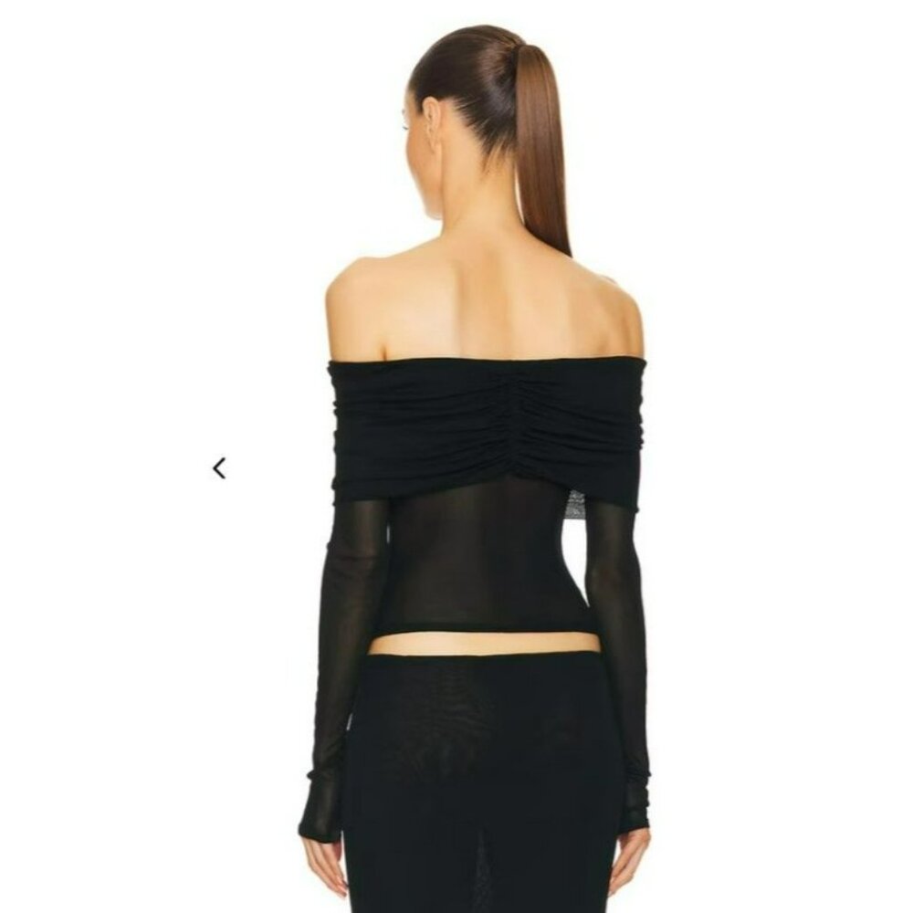 HELSA Revolve Black Sheer Knit Off The Shoulder Top Mesh Jersey Long Sleeve - Picture 14 of 15